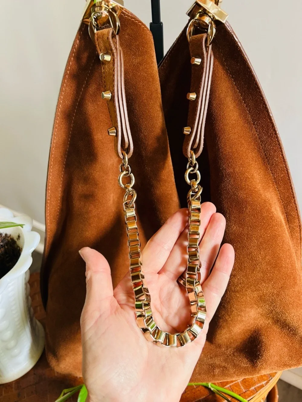 Furla Minerva Suede Hobo Bag Brown Chain Strap Shoulder Boho Luxe Italy Chic